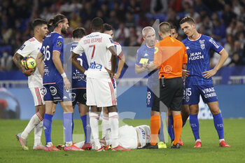 2021-09-25 - Referee Bastien DECHEPY and Fabien LEMOINE of Lorient and Julien LAPORTE of Lorient during the French championship Ligue 1 football match between Olympique Lyonnais and FC Lorient on September 25, 2021 at Groupama stadium in Decines-Charpieu near Lyon, France - OLYMPIQUE LYONNAIS VS FC LORIENT - FRENCH LIGUE 1 - SOCCER