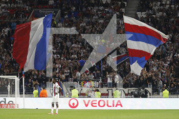 2021-09-25 - Flags of Lyon during the French championship Ligue 1 football match between Olympique Lyonnais and FC Lorient on September 25, 2021 at Groupama stadium in Decines-Charpieu near Lyon, France - OLYMPIQUE LYONNAIS VS FC LORIENT - FRENCH LIGUE 1 - SOCCER
