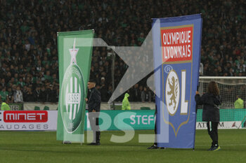 2021-10-03 - Flags of Saint Etienne and Lyon during the French championship Ligue 1 football match between AS Saint-Etienne and Olympique Lyonnais on October 3, 2021 at Geoffroy Guichard stadium in Saint-Etienne, France - AS SAINT-ETIENNE VS OLYMPIQUE LYONNAIS - FRENCH LIGUE 1 - SOCCER