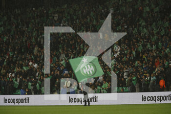 2021-10-03 - Flag of Saint Etienne and fans during the French championship Ligue 1 football match between AS Saint-Etienne and Olympique Lyonnais on October 3, 2021 at Geoffroy Guichard stadium in Saint-Etienne, France - AS SAINT-ETIENNE VS OLYMPIQUE LYONNAIS - FRENCH LIGUE 1 - SOCCER