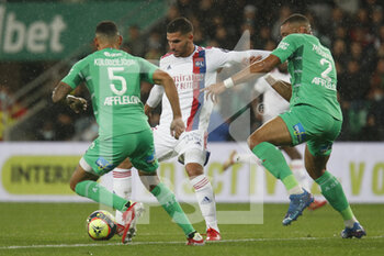 2021-10-03 - Houssem AOUAR of Lyon and Thimothe KOLODZIEJCZAK of Saint Etienne and Mahdi CAMARA of Saint Etienne during the French championship Ligue 1 football match between AS Saint-Etienne and Olympique Lyonnais on October 3, 2021 at Geoffroy Guichard stadium in Saint-Etienne, France - AS SAINT-ETIENNE VS OLYMPIQUE LYONNAIS - FRENCH LIGUE 1 - SOCCER
