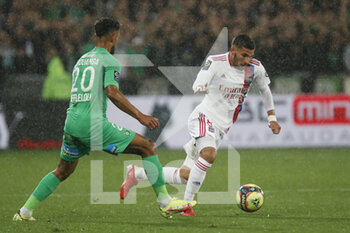 2021-10-03 - Houssem AOUAR of Lyon and Denis BOUANGA of Saint Etienne during the French championship Ligue 1 football match between AS Saint-Etienne and Olympique Lyonnais on October 3, 2021 at Geoffroy Guichard stadium in Saint-Etienne, France - AS SAINT-ETIENNE VS OLYMPIQUE LYONNAIS - FRENCH LIGUE 1 - SOCCER