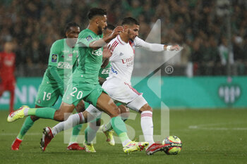 2021-10-03 - Houssem AOUAR of Lyon and Denis BOUANGA of Saint Etienne during the French championship Ligue 1 football match between AS Saint-Etienne and Olympique Lyonnais on October 3, 2021 at Geoffroy Guichard stadium in Saint-Etienne, France - AS SAINT-ETIENNE VS OLYMPIQUE LYONNAIS - FRENCH LIGUE 1 - SOCCER
