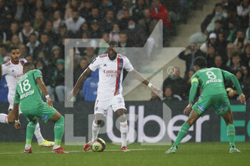 2021-10-03 - Karl TOKO EKAMBI of Lyon and Arnaud NORDIN of Saint Etienne and Mahdi CAMARA of Saint Etienne during the French championship Ligue 1 football match between AS Saint-Etienne and Olympique Lyonnais on October 3, 2021 at Geoffroy Guichard stadium in Saint-Etienne, France - AS SAINT-ETIENNE VS OLYMPIQUE LYONNAIS - FRENCH LIGUE 1 - SOCCER