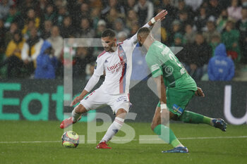 2021-10-03 - Houssem AOUAR of Lyon score a goal and Harold MOUKOUDI of Saint Etienne during the French championship Ligue 1 football match between AS Saint-Etienne and Olympique Lyonnais on October 3, 2021 at Geoffroy Guichard stadium in Saint-Etienne, France - AS SAINT-ETIENNE VS OLYMPIQUE LYONNAIS - FRENCH LIGUE 1 - SOCCER
