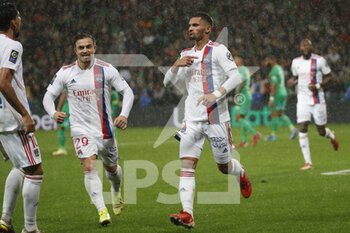 2021-10-03 - Houssem AOUAR of Lyon celebrate the goal and Xherdan SHAQIRI of Lyon during the French championship Ligue 1 football match between AS Saint-Etienne and Olympique Lyonnais on October 3, 2021 at Geoffroy Guichard stadium in Saint-Etienne, France - AS SAINT-ETIENNE VS OLYMPIQUE LYONNAIS - FRENCH LIGUE 1 - SOCCER