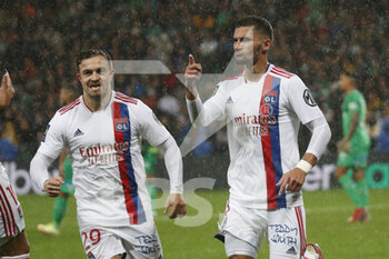 2021-10-03 - Houssem AOUAR of Lyon celebrate the goal and Xherdan SHAQIRI of Lyon during the French championship Ligue 1 football match between AS Saint-Etienne and Olympique Lyonnais on October 3, 2021 at Geoffroy Guichard stadium in Saint-Etienne, France - AS SAINT-ETIENNE VS OLYMPIQUE LYONNAIS - FRENCH LIGUE 1 - SOCCER