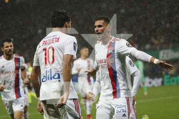 2021-10-03 - Houssem AOUAR of Lyon and Lucas PAQUETA of Lyon celebrate the goal during the French championship Ligue 1 football match between AS Saint-Etienne and Olympique Lyonnais on October 3, 2021 at Geoffroy Guichard stadium in Saint-Etienne, France - AS SAINT-ETIENNE VS OLYMPIQUE LYONNAIS - FRENCH LIGUE 1 - SOCCER