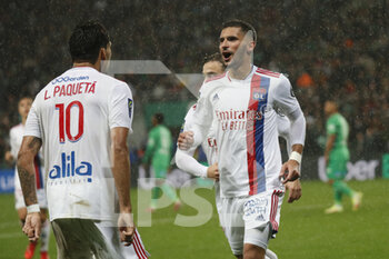 2021-10-03 - Houssem AOUAR of Lyon celebrate the goal and Lucas PAQUETA of Lyon during the French championship Ligue 1 football match between AS Saint-Etienne and Olympique Lyonnais on October 3, 2021 at Geoffroy Guichard stadium in Saint-Etienne, France - AS SAINT-ETIENNE VS OLYMPIQUE LYONNAIS - FRENCH LIGUE 1 - SOCCER