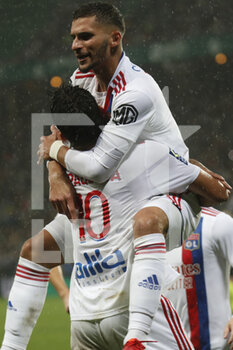 2021-10-03 - Houssem AOUAR of Lyon celebrate the goal and Lucas PAQUETA of Lyon during the French championship Ligue 1 football match between AS Saint-Etienne and Olympique Lyonnais on October 3, 2021 at Geoffroy Guichard stadium in Saint-Etienne, France - AS SAINT-ETIENNE VS OLYMPIQUE LYONNAIS - FRENCH LIGUE 1 - SOCCER