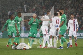 2021-10-03 - Lucas PAQUETA of Lyon and Leo DUBOIS of Lyon and Jerome BOATENG of Lyon and Wahdi KHAZRI of Saint Etienne during the French championship Ligue 1 football match between AS Saint-Etienne and Olympique Lyonnais on October 3, 2021 at Geoffroy Guichard stadium in Saint-Etienne, France - AS SAINT-ETIENNE VS OLYMPIQUE LYONNAIS - FRENCH LIGUE 1 - SOCCER