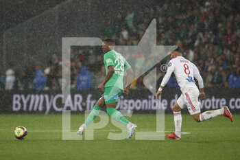2021-10-03 - Zaydou YOUSSOUF of Saint Etienne and Houssem AOUAR of Lyon during the French championship Ligue 1 football match between AS Saint-Etienne and Olympique Lyonnais on October 3, 2021 at Geoffroy Guichard stadium in Saint-Etienne, France - AS SAINT-ETIENNE VS OLYMPIQUE LYONNAIS - FRENCH LIGUE 1 - SOCCER