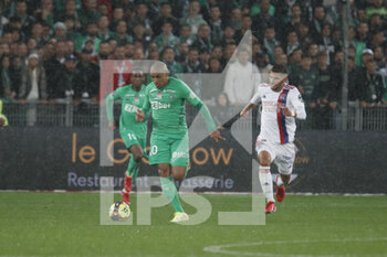 2021-10-03 - Wahdi KHAZRI of Saint Etienne and Houssem AOUAR of Lyon during the French championship Ligue 1 football match between AS Saint-Etienne and Olympique Lyonnais on October 3, 2021 at Geoffroy Guichard stadium in Saint-Etienne, France - AS SAINT-ETIENNE VS OLYMPIQUE LYONNAIS - FRENCH LIGUE 1 - SOCCER