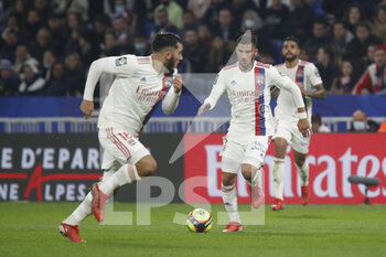 2021-10-16 - Houssem AOUAR of Lyon and Rayan CHERKI of Lyon during the French championship Ligue 1 football match between Olympique Lyonnais and AS Monaco on October 16, 2021 at Groupama stadium in Decines-Charpieu near Lyon, France - OLYMPIQUE LYONNAIS VS AS MONACO - FRENCH LIGUE 1 - SOCCER