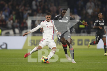 2021-10-16 - Houssem AOUAR of Lyon and Youssouf FOFANA of Monaco during the French championship Ligue 1 football match between Olympique Lyonnais and AS Monaco on October 16, 2021 at Groupama stadium in Decines-Charpieu near Lyon, France - OLYMPIQUE LYONNAIS VS AS MONACO - FRENCH LIGUE 1 - SOCCER