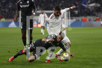 2021-10-16 - Houssem AOUAR of Lyon and Ruben AGUILAR of Monaco during the French championship Ligue 1 football match between Olympique Lyonnais and AS Monaco on October 16, 2021 at Groupama stadium in Decines-Charpieu near Lyon, France - OLYMPIQUE LYONNAIS VS AS MONACO - FRENCH LIGUE 1 - SOCCER