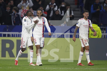 2021-10-16 - Jason DENAYER of Lyon celebrate the goal and Karl Toko EKAMBI of Lyon and Bruno GUIMARAES of Lyon during the French championship Ligue 1 football match between Olympique Lyonnais and AS Monaco on October 16, 2021 at Groupama stadium in Decines-Charpieu near Lyon, France - OLYMPIQUE LYONNAIS VS AS MONACO - FRENCH LIGUE 1 - SOCCER