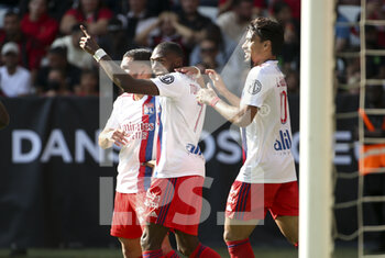 2021-10-24 - Karl Toko Ekembi of Lyon celebrates his goal with Lucas Paqueta during the French championship Ligue 1 football match between OGC Nice (OGCN) and Olympique Lyonnais (OL) on October 24, 2021 at Allianz Riviera stadium in Nice, France - OGC NICE (OGCN) VS OLYMPIQUE LYONNAIS (OL) - FRENCH LIGUE 1 - SOCCER