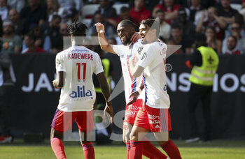 2021-10-24 - Karl Toko Ekembi of Lyon celebrates his goal with Lucas Paqueta during the French championship Ligue 1 football match between OGC Nice (OGCN) and Olympique Lyonnais (OL) on October 24, 2021 at Allianz Riviera stadium in Nice, France - OGC NICE (OGCN) VS OLYMPIQUE LYONNAIS (OL) - FRENCH LIGUE 1 - SOCCER