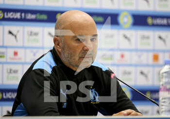 2021-10-24 - Coach of Marseille Jorge Sampaoli answers to the media during the post-match press conference following the French championship Ligue 1 football match between Olympique de Marseille (OM) and Paris Saint-Germain (PSG) on October 24, 2021 at Stade Velodrome in Marseille, France - OLYMPIQUE DE MARSEILLE (OM) VS PARIS SAINT-GERMAIN (PSG) - FRENCH LIGUE 1 - SOCCER