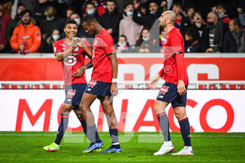 2021-11-06 - Tiago DJALO of Lille celebrate his goal with REINILDO of Lille and Burak YILMAZ of Lille during the French championship Ligue 1 football match between LOSC Lille and SCO Angers on November 6, 2021 at Pierre Mauroy stadium in Villeneuve-d'Ascq near Lille, France - LOSC LILLE VS SCO ANGERS - FRENCH LIGUE 1 - SOCCER