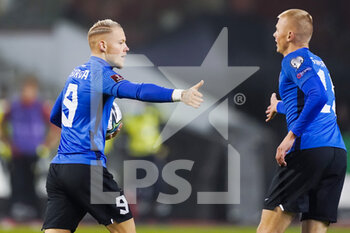 2021-11-13 - Erik Sorga of Estonia celebrates with Vlasiy Sinyavskiy of Estonia after scoring his sides first goal during the FIFA World Cup 2022, Qualifiers football match between Belgium and Estonia on November 13, 2021 at the King Baudouin Stadium in Brussels, Belgium - FIFA WORLD CUP 2022, QUALIFIERS - BELGIUM VS ESTONIA - FRENCH LIGUE 1 - SOCCER