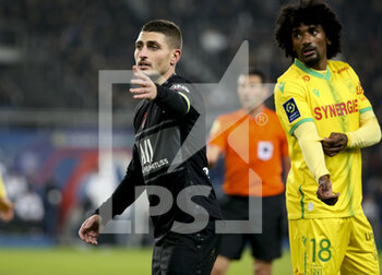 2021-11-20 - Marco Verratti of PSG, Samuel Moutoussamy of Nantes during the French championship Ligue 1 football match between Paris Saint-Germain and FC Nantes on November 20, 2021 at Parc des Princes stadium in Paris, France - PARIS SAINT-GERMAIN VS FC NANTES - FRENCH LIGUE 1 - SOCCER