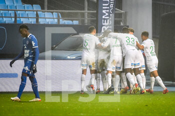 2021-11-21 - Miguel TRAUCO of Saint Etienne celebrate his goal with teammates during the French championship Ligue 1 football match between ESTAC Troyes and AS Saint-Etienne on November 21, 2021 at Stade de l'Aube in Troyes, France - ESTAC TROYES VS AS SAINT-ETIENNE - FRENCH LIGUE 1 - SOCCER