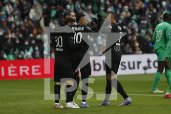 2021-11-28 - NEYMAR Jr of Paris and Lionel MESSI of Paris and Angel DI MARIA of Paris and Kylian MBAPPE of Paris during the French championship Ligue 1 football match between AS Saint-Etienne and Paris Saint-Germain on November 28, 2021 at Geoffroy Guichard stadium in Saint-Etienne, France - AS SAINT-ETIENNE (ASSE) VS PARIS SAINT-GERMAIN (PSG) - FRENCH LIGUE 1 - SOCCER