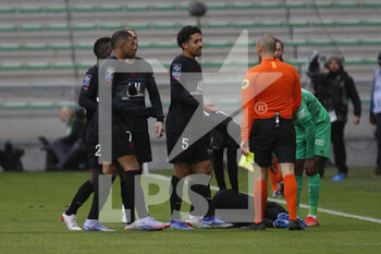 2021-11-28 - MARQUINHOS of Paris and Referee Jerome BRISARD and Kylian MBAPPE of Paris during the French championship Ligue 1 football match between AS Saint-Etienne and Paris Saint-Germain on November 28, 2021 at Geoffroy Guichard stadium in Saint-Etienne, France - AS SAINT-ETIENNE (ASSE) VS PARIS SAINT-GERMAIN (PSG) - FRENCH LIGUE 1 - SOCCER