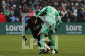 2021-11-28 - Lionel MESSI of Paris and Ryad BOUDEBOUZ of Saint Etienne during the French championship Ligue 1 football match between AS Saint-Etienne and Paris Saint-Germain on November 28, 2021 at Geoffroy Guichard stadium in Saint-Etienne, France - AS SAINT-ETIENNE (ASSE) VS PARIS SAINT-GERMAIN (PSG) - FRENCH LIGUE 1 - SOCCER