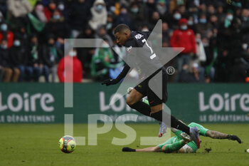 2021-11-28 - Kylian MBAPPE of Paris and Thimothée KOLODZIEJCZAK of Saint Etienne during the French championship Ligue 1 football match between AS Saint-Etienne and Paris Saint-Germain on November 28, 2021 at Geoffroy Guichard stadium in Saint-Etienne, France - AS SAINT-ETIENNE (ASSE) VS PARIS SAINT-GERMAIN (PSG) - FRENCH LIGUE 1 - SOCCER