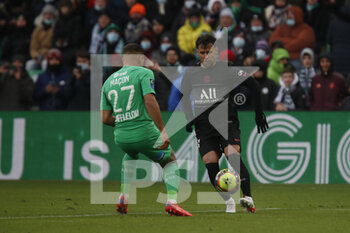 2021-11-28 - Juan BERNAT of Paris and Yvann MACON of Saint Etienne during the French championship Ligue 1 football match between AS Saint-Etienne and Paris Saint-Germain on November 28, 2021 at Geoffroy Guichard stadium in Saint-Etienne, France - AS SAINT-ETIENNE (ASSE) VS PARIS SAINT-GERMAIN (PSG) - FRENCH LIGUE 1 - SOCCER