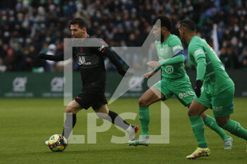 2021-11-28 - Lionel MESSI of Paris and Mahdi CAMARA of Saint Etienne during the French championship Ligue 1 football match between AS Saint-Etienne and Paris Saint-Germain on November 28, 2021 at Geoffroy Guichard stadium in Saint-Etienne, France - AS SAINT-ETIENNE (ASSE) VS PARIS SAINT-GERMAIN (PSG) - FRENCH LIGUE 1 - SOCCER