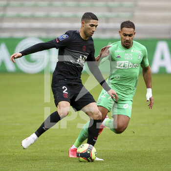 2021-11-28 - Achraf Hakimi of PSG, Ivann Macon of Saint-Etienne during the French championship Ligue 1 football match between AS Saint-Etienne (ASSE) and Paris Saint-Germain (PSG) on November 28, 2021 at Stade Geoffroy Guichard in Saint-Etienne, France - AS SAINT-ETIENNE (ASSE) VS PARIS SAINT-GERMAIN (PSG) - FRENCH LIGUE 1 - SOCCER