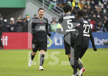 2021-11-28 - Marquinhos of PSG celebrates his goal with Lionel Messi (left) during the French championship Ligue 1 football match between AS Saint-Etienne (ASSE) and Paris Saint-Germain (PSG) on November 28, 2021 at Stade Geoffroy Guichard in Saint-Etienne, France - AS SAINT-ETIENNE (ASSE) VS PARIS SAINT-GERMAIN (PSG) - FRENCH LIGUE 1 - SOCCER