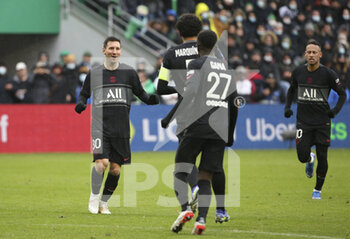 2021-11-28 - Marquinhos of PSG celebrates his goal with Lionel Messi (left), Neymar Jr (right) during the French championship Ligue 1 football match between AS Saint-Etienne (ASSE) and Paris Saint-Germain (PSG) on November 28, 2021 at Stade Geoffroy Guichard in Saint-Etienne, France - AS SAINT-ETIENNE (ASSE) VS PARIS SAINT-GERMAIN (PSG) - FRENCH LIGUE 1 - SOCCER