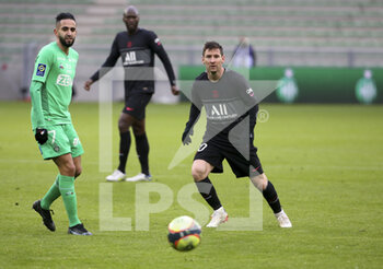 2021-11-28 - Lionel Messi of PSG, Ryad Boudebouz of Saint-Etienne (left) during the French championship Ligue 1 football match between AS Saint-Etienne (ASSE) and Paris Saint-Germain (PSG) on November 28, 2021 at Stade Geoffroy Guichard in Saint-Etienne, France - AS SAINT-ETIENNE (ASSE) VS PARIS SAINT-GERMAIN (PSG) - FRENCH LIGUE 1 - SOCCER