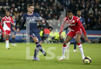 2021-12-12 - Marco Verratti of PSG, Jean Lucas of Monaco during the French championship Ligue 1 football match between Paris Saint-Germain (PSG) and AS Monaco (ASM) on December 12, 2021 at Parc des Princes stadium in Paris, France - PARIS SAINT-GERMAIN VS AS MONACO - FRENCH LIGUE 1 - SOCCER