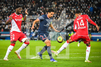 2021-12-12 - Axel DISASI of Monaco and MARQUINHOS of PSG during the French championship Ligue 1 football match between Paris Saint-Germain and AS Monaco on December 12, 2021 at Parc des Princes stadium in Paris, France - PARIS SAINT-GERMAIN VS AS MONACO - FRENCH LIGUE 1 - SOCCER