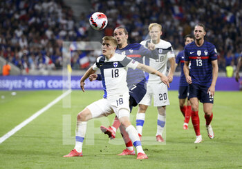 2021-09-07 - Jere Uronen of Finland, Antoine Griezmann of France during the FIFA World Cup Qatar 2022, Qualifiers, Group D football match between France and Finland on September 7, 2021 at Groupama stadium in Decines-Charpieu near Lyon, France - FIFA WORLD CUP QATAR 2022, QUALIFIERS, GROUP D - FRANCE AND FINLAND - FIFA WORLD CUP - SOCCER