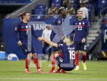 2021-09-07 - Antoine Griezmann, Paul Pogba, Karim Benzema of France during the FIFA World Cup Qatar 2022, Qualifiers, Group D football match between France and Finland on September 7, 2021 at Groupama stadium in Decines-Charpieu near Lyon, France - FIFA WORLD CUP QATAR 2022, QUALIFIERS, GROUP D - FRANCE AND FINLAND - FIFA WORLD CUP - SOCCER