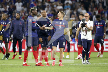 2021-09-07 - Paul Pogba, Anthony Martial, Lucas Digne of France salute the supporters following the FIFA World Cup Qatar 2022, Qualifiers, Group D football match between France and Finland on September 7, 2021 at Groupama stadium in Decines-Charpieu near Lyon, France - FIFA WORLD CUP QATAR 2022, QUALIFIERS, GROUP D - FRANCE AND FINLAND - FIFA WORLD CUP - SOCCER