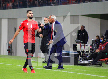 2021-10-12 - Coach Edy Reja and Elseid Hysaj (Albania) during the 2022 FIFA World Cup qualifiers football match between Albania and Polandf on October 13, 2021 at Air Albania Stadium in Tirana, Albania - 2022 FIFA WORLD CUP - QUALIFIERS - ALBANIA VS POLAND - FIFA WORLD CUP - SOCCER