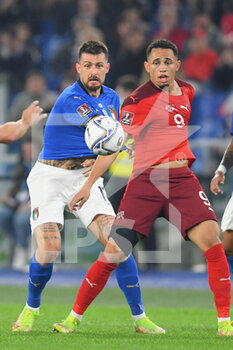 2021-11-12 - ROME, ITALY - November 12 : Francesco Acerbi  ( L) of  Italy competes for the ball  Ajeti Arlind  (R) of Svizzera  during the  World Cup Qualifiers Group C soccer match between  Italy and Svizzera Stadio Olimpico on November 12,2021 in Rome Italy - FIFA WORLD CUP QATAR 2022 QUALIFIERS - ITALY VS SWITZERLAND - FIFA WORLD CUP - SOCCER