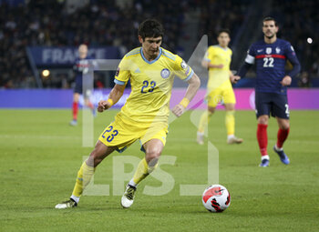 2021-11-13 - Marat Bystrov of Kazakhstan during the FIFA World Cup 2022, Qualifiers Group D football match between France and Kazakhstan on November 13, 2021 at Parc des Princes, Paris, France - FIFA WORLD CUP 2022, QUALIFIERS GROUP D - FRANCE VS KAZAKHSTAN - FIFA WORLD CUP - SOCCER