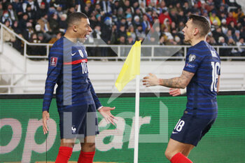 2021-11-16 - Kylian Mbappe of France celebrates after his goal 0-2 with Lucas Digne during the FIFA World Cup 2022, Qualifiers Group D football match between Finland and France on November 16, 2021 at Olympiastadion in Helsinki, Finland - FIFA WORLD CUP 2022, QUALIFIERS GROUP D - FINLAND VS FRANCE - FIFA WORLD CUP - SOCCER