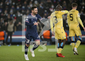 2021-12-07 - Lionel Messi of PSG celebrates his first goal during the UEFA Champions League, Group A football match between Paris Saint-Germain (PSG) and Club Brugge on December 7, 2021 at Parc des Princes stadium in Paris, France - PARIS SAINT-GERMAIN VS CLUB BRUGGE - UEFA CHAMPIONS LEAGUE - SOCCER
