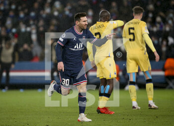 2021-12-07 - Lionel Messi of PSG celebrates his first goal during the UEFA Champions League, Group A football match between Paris Saint-Germain (PSG) and Club Brugge on December 7, 2021 at Parc des Princes stadium in Paris, France - PARIS SAINT-GERMAIN VS CLUB BRUGGE - UEFA CHAMPIONS LEAGUE - SOCCER