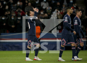 2021-12-07 - Lionel Messi of PSG celebrates his second goal during the UEFA Champions League, Group A football match between Paris Saint-Germain (PSG) and Club Brugge on December 7, 2021 at Parc des Princes stadium in Paris, France - PARIS SAINT-GERMAIN VS CLUB BRUGGE - UEFA CHAMPIONS LEAGUE - SOCCER